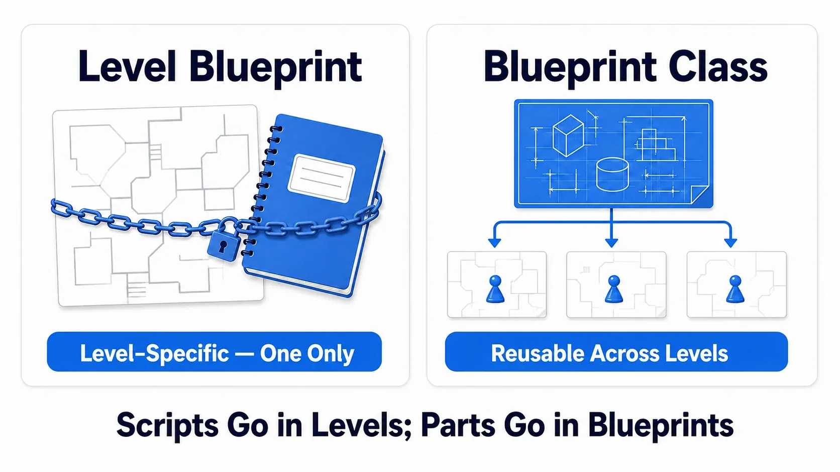 A Level Blueprint is one script for that level, while a Blueprint Class is a design that works in any level. Scripts belong to levels, parts belong to blueprints