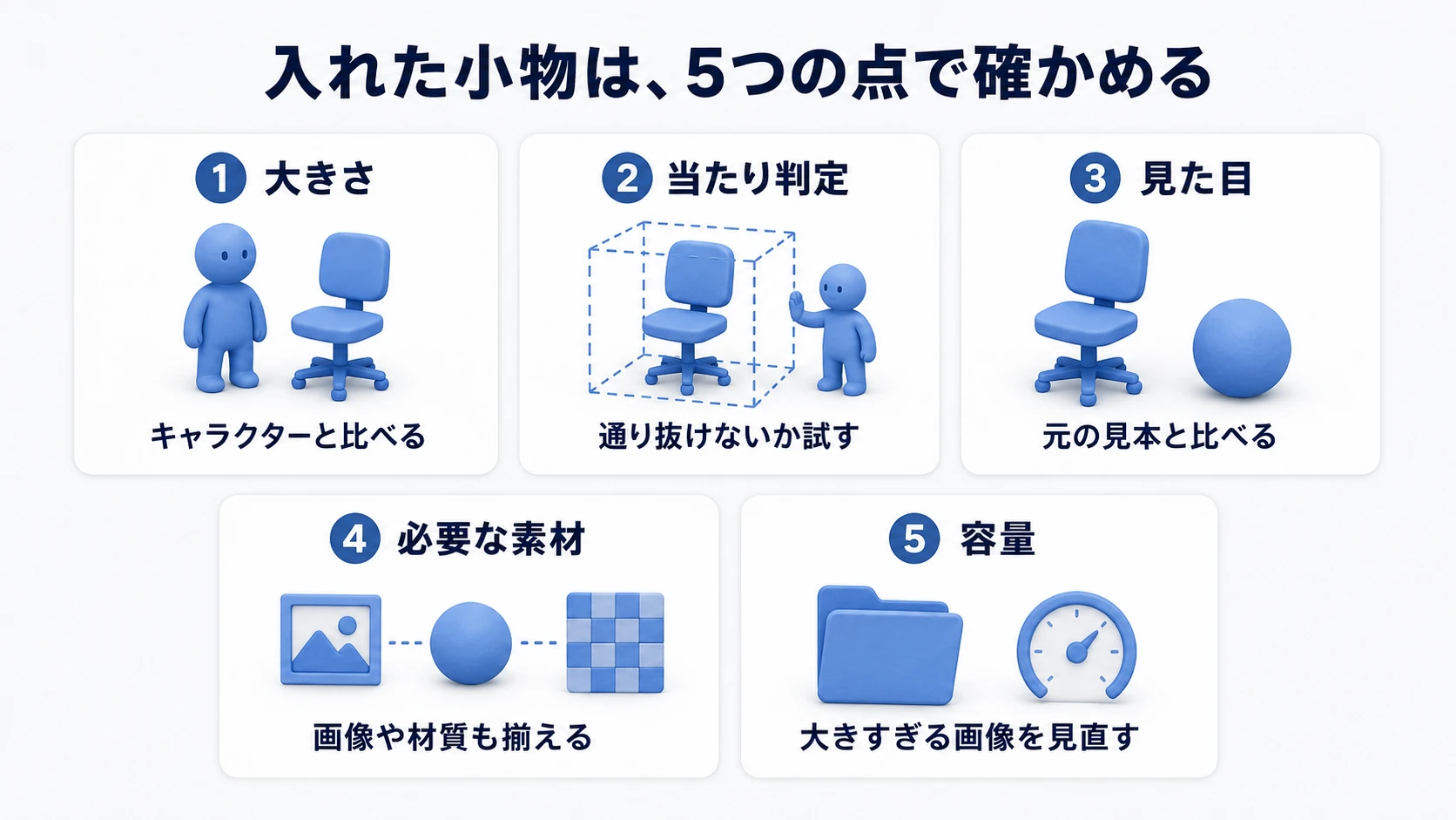 小物の大きさをキャラクターと比べ、当たり判定・見た目・必要な素材・容量を確認する5枚のカード