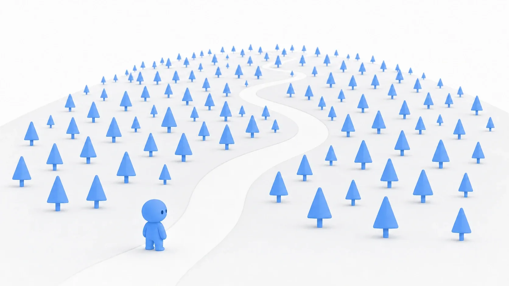 An auto-placed forest over a hill and a spline path with no trees, with a soft blue clay figure