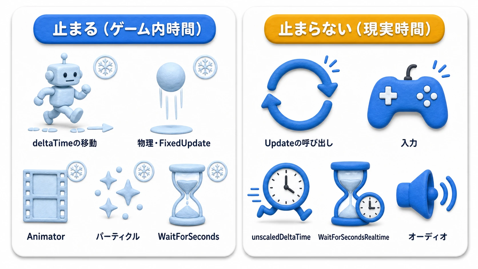 timeScale=0で止まるものと止まらないものの仕分け図。止まる側にはdeltaTimeの移動・物理・Animator・パーティクル・WaitForSeconds、止まらない側にはUpdateの呼び出し・入力・unscaledDeltaTime・WaitForSecondsRealtime・オーディオ