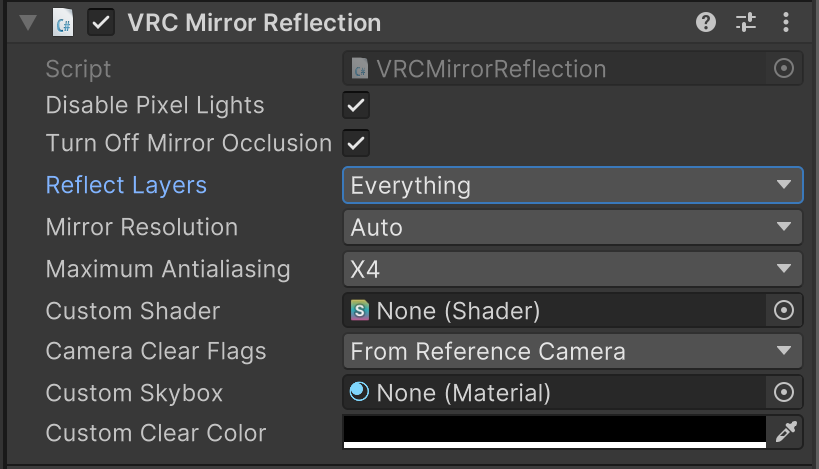 VRCMirrorReflectionコンポーネントの設定画面