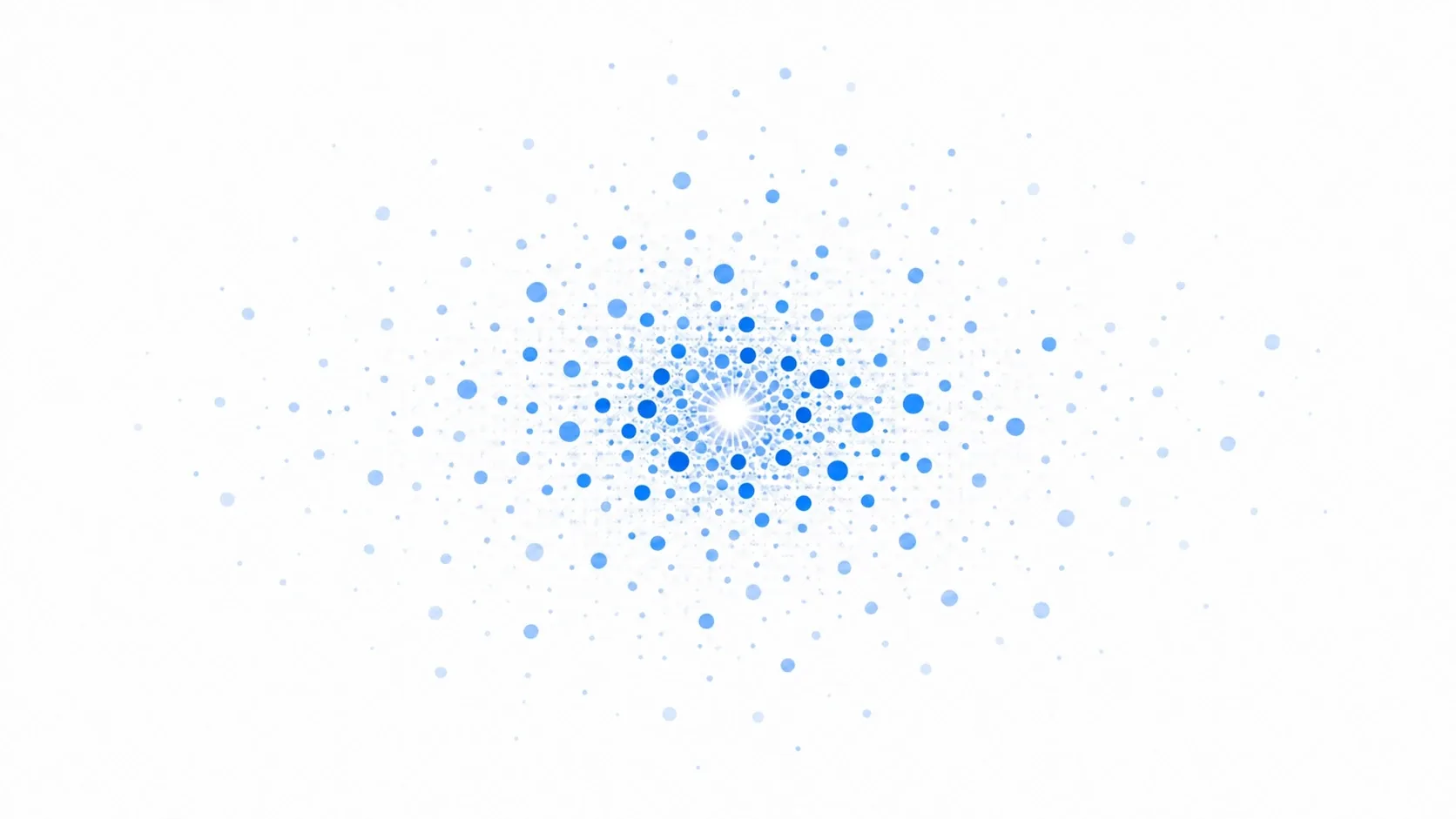 A particle explosion: soft blue particles bursting outward in all directions from a single central point