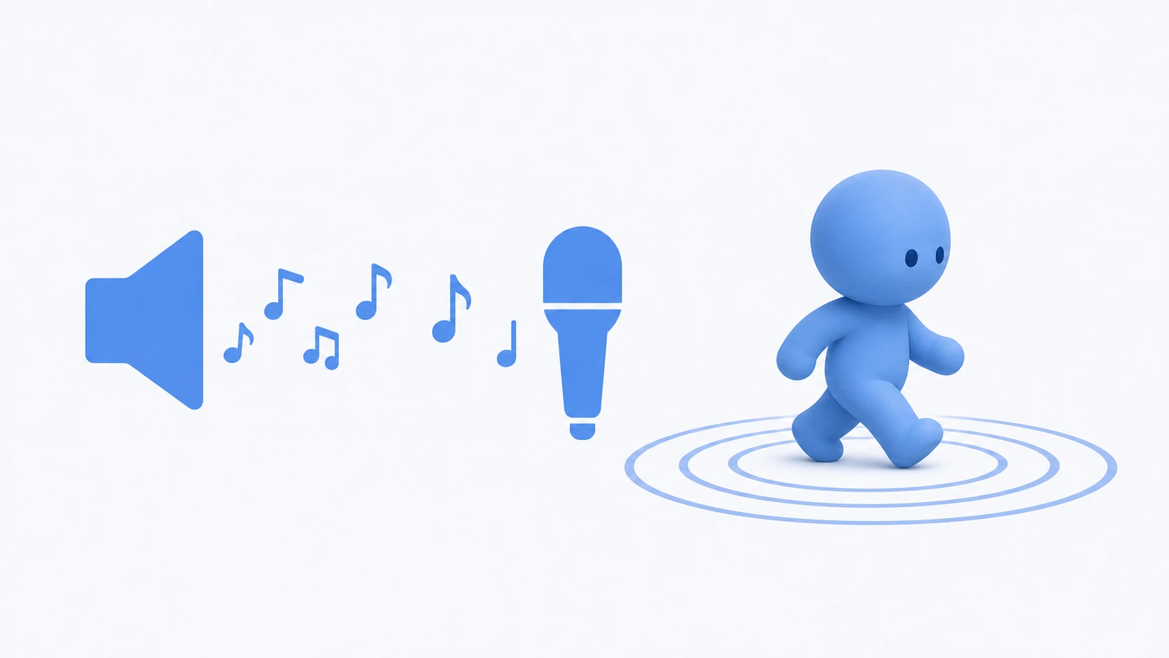Unityオーディオのイメージ。スピーカーから音符が流れ、カメラに付いたマイクがそれを聞いている。キャラクターの足元からは足音の波紋が広がっている