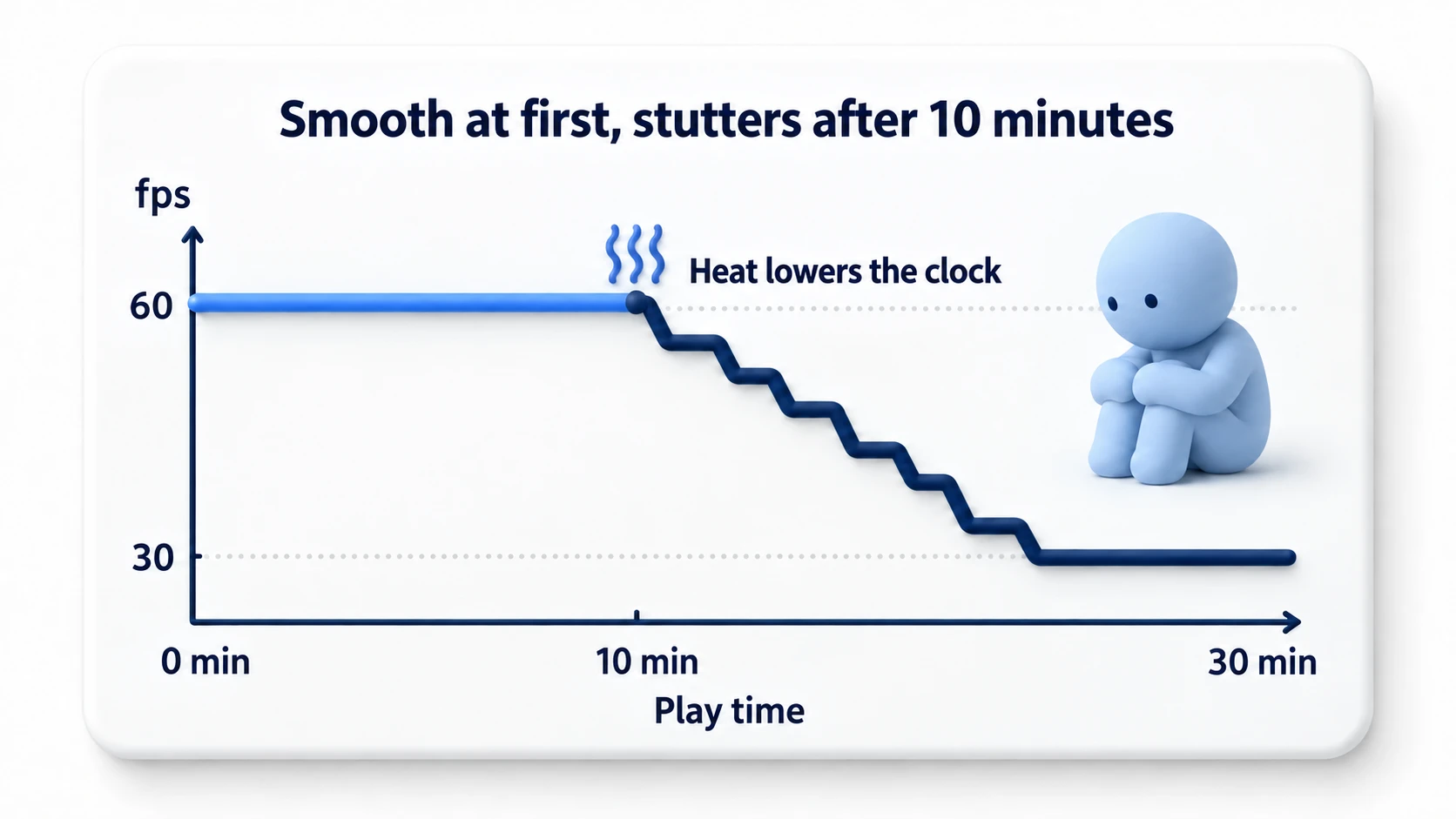 Graph of thermal throttling. It holds 60fps for the first 10 minutes, but once the device builds up heat the clock drops and fps steps down toward 30