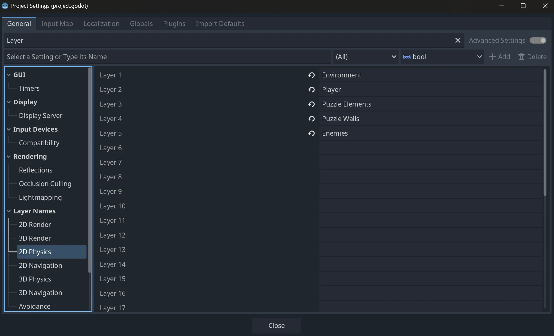 Naming 2D physics layers in Project Settings