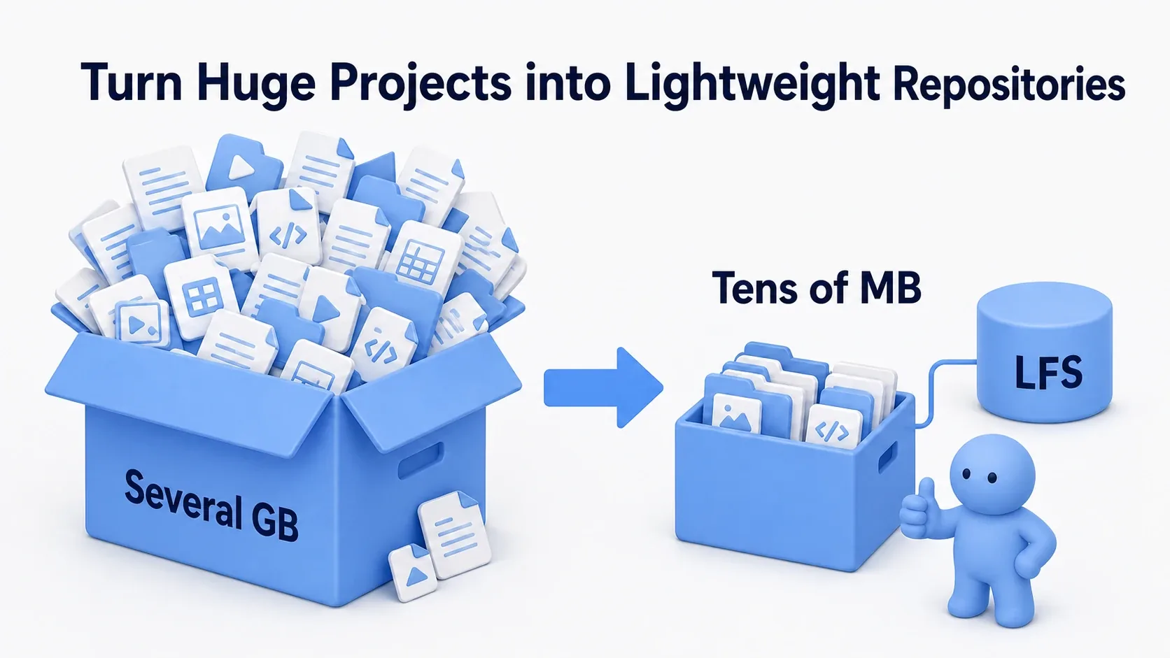 A huge project folder becoming a lightweight repository with the right settings, with a soft blue clay figure