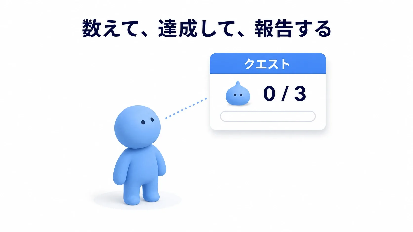 クエストトラッカー「スライム 0/3」と、目標を見上げるソフトブルーの人形のイメージ