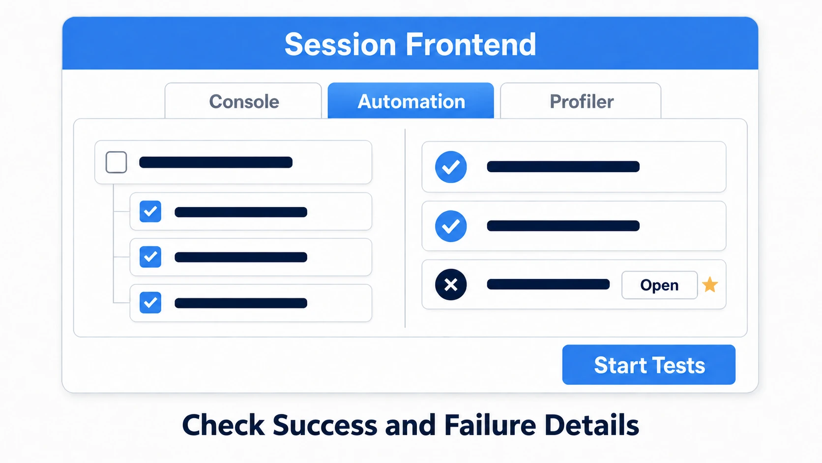 Selecting a test in the Automation tab, running with Start Tests, and reviewing the result