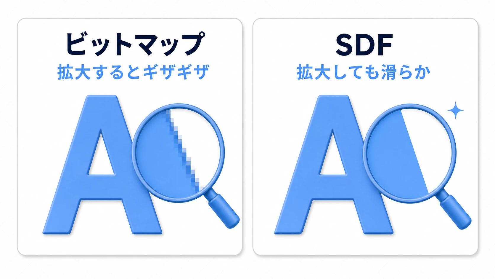 SDFの比較図。同じ「A」の文字を拡大すると、ビットマップ方式ではエッジがギザギザにぼやけるが、SDF方式では輪郭が滑らかなまま保たれる