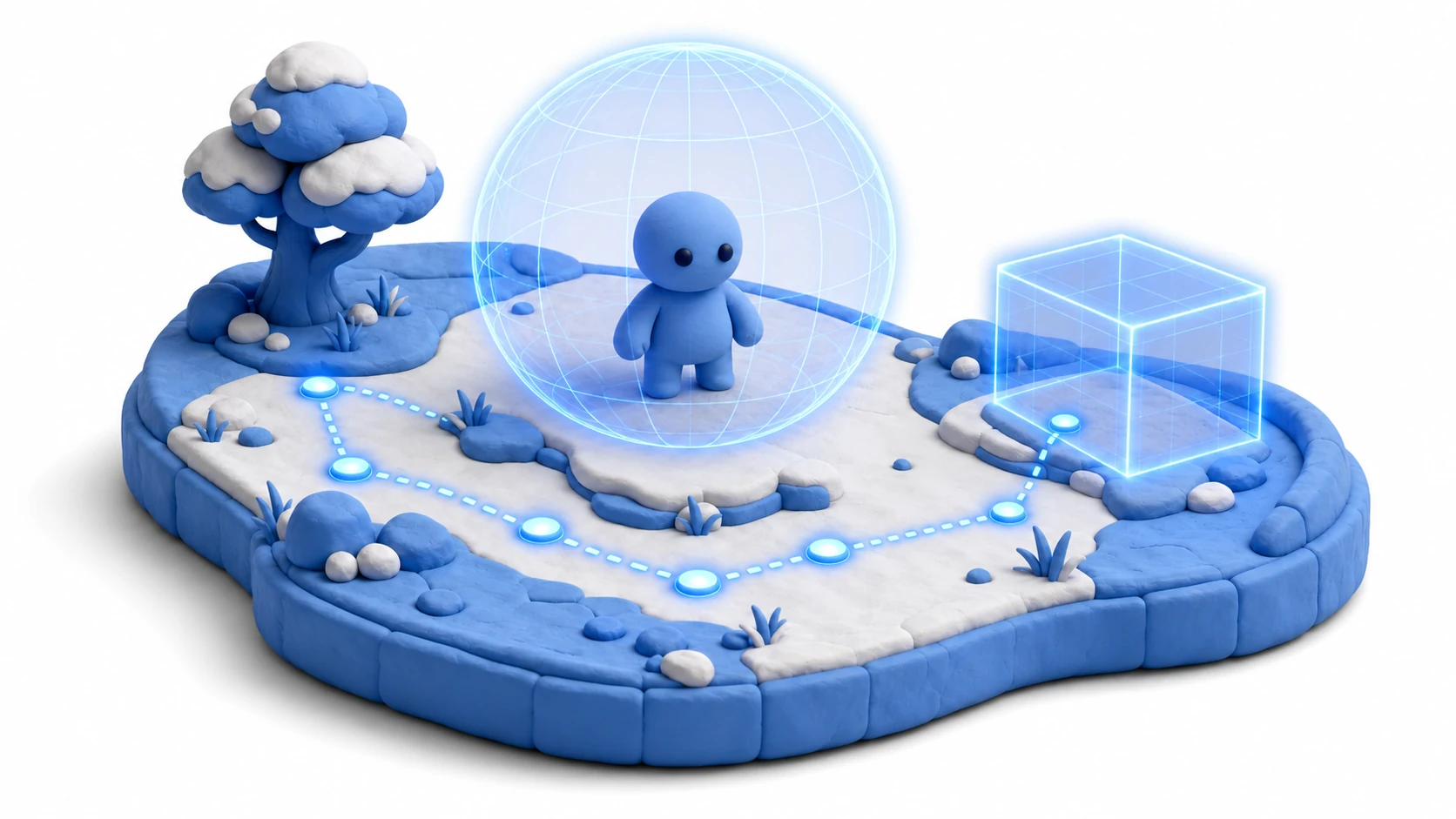 Gizmosのイメージ。粘土風のゲームシーンにワイヤーフレームの球や線のガイドが光って表示されている