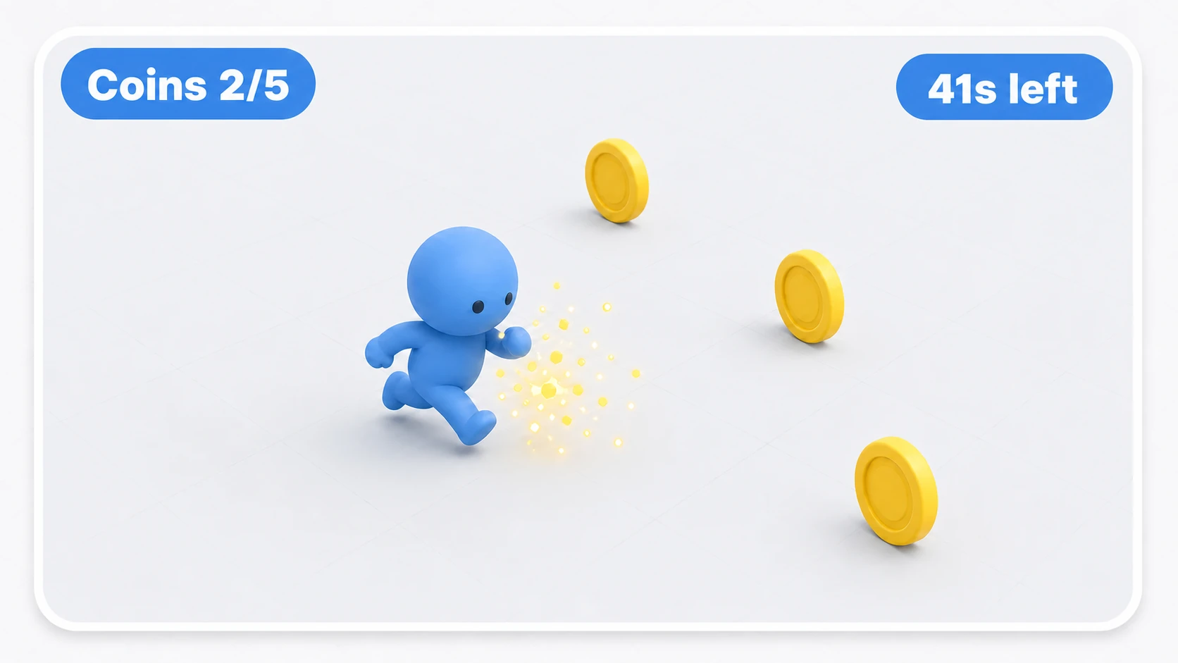 The finished game view: coin count and time HUD at the top, the player running among coins on the floor, a burst of light at the moment of pickup