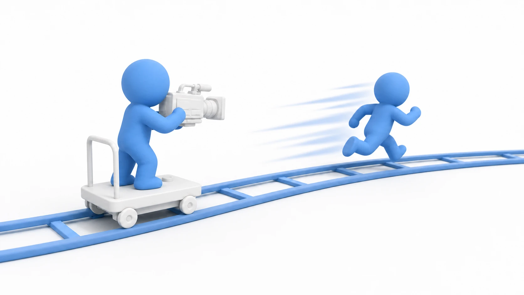 Follow camera concept. A clay cameraman rides a rail dolly, smoothly chasing a running character