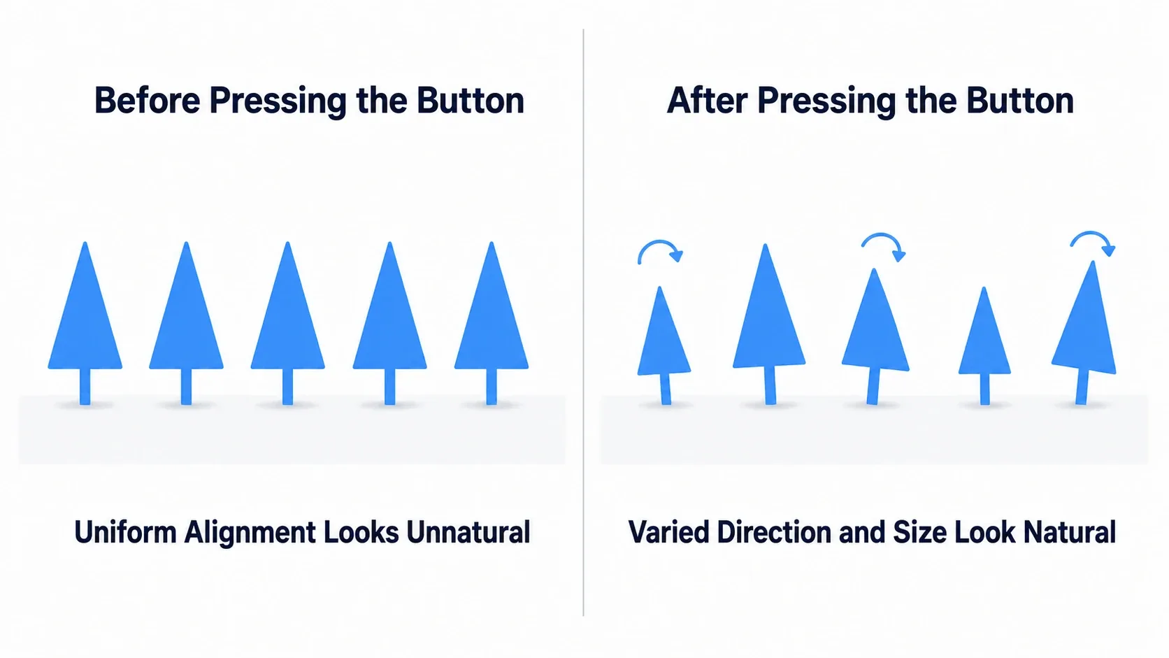 Before-and-after diagram showing identically oriented trees becoming a natural forest with scattered rotation and scale after pressing the button
