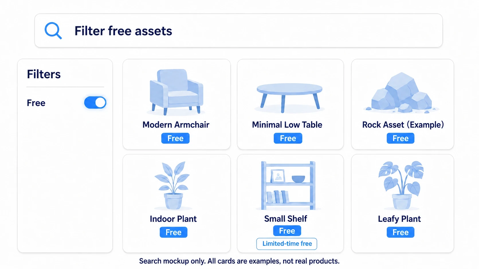 Filtering material such as chairs, shelves, and rocks with the free filter. The product cards are illustrative examples