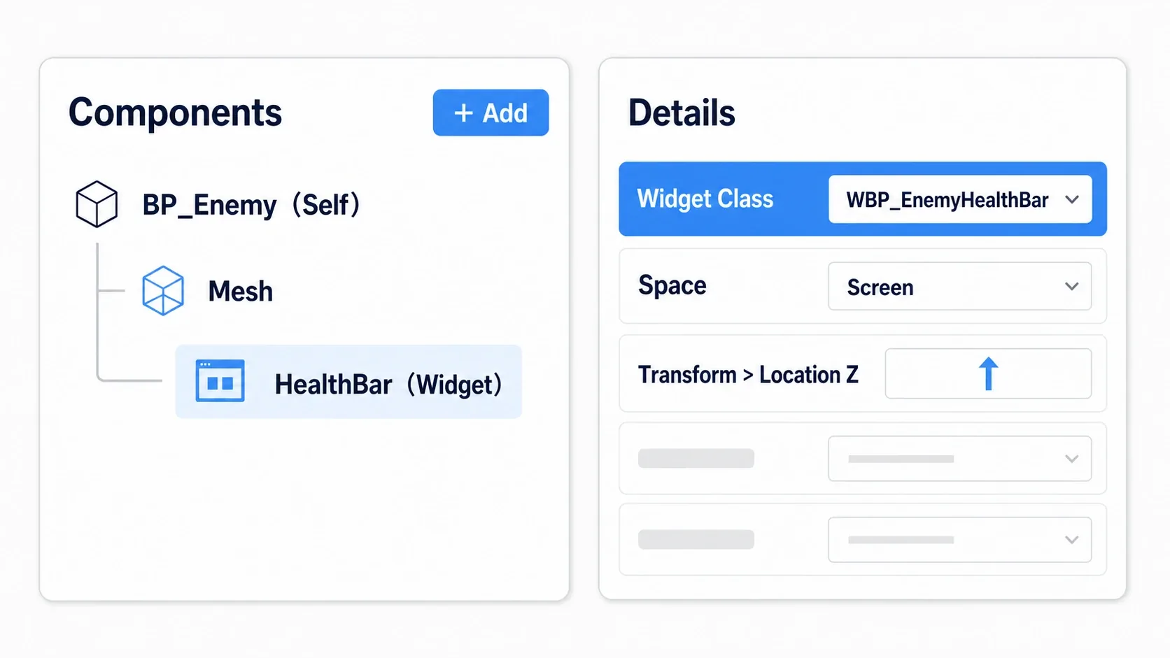 Adding a Widget in the enemy Blueprint's Components, and assigning WBP_EnemyHealthBar to Widget Class in the Details