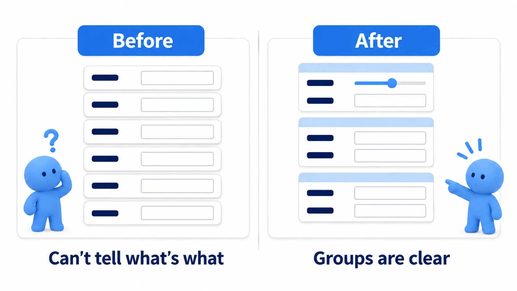 Once organized, the groups are visible and input happens on sliders