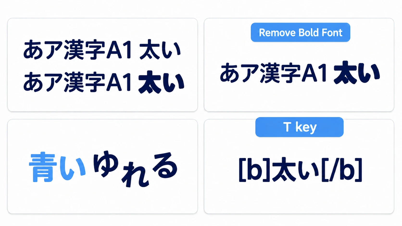 The same line lines up top and bottom; in the bottom one only 「太い」 is bold in the same family, 「青い」 is colored, and 「ゆれる」 waves