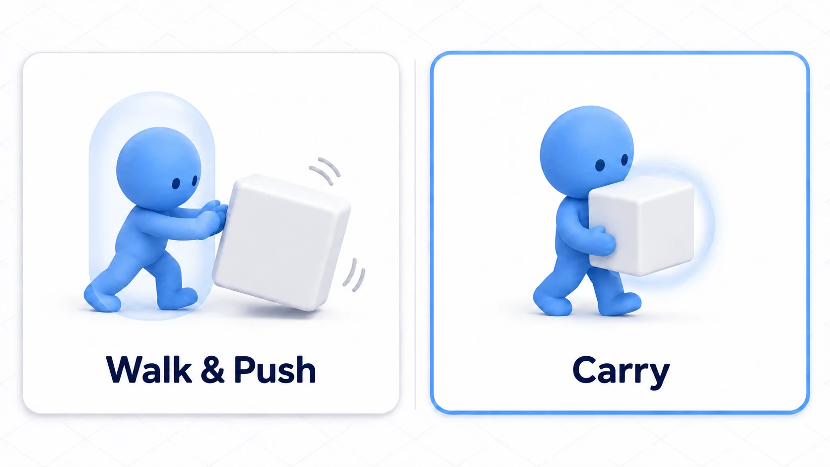 Pushing by walking is unstable; carrying is reliable