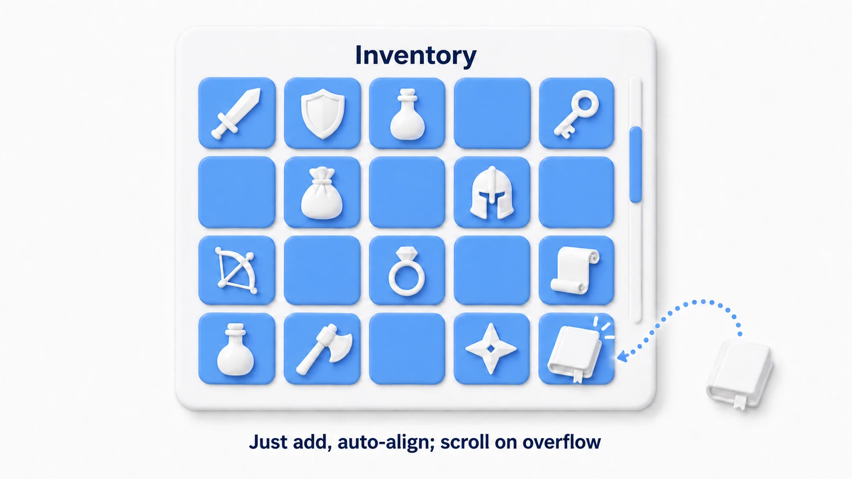 Finished inventory grid. Item slots align in a grid inside a ScrollView; adding an item auto-places it in the next cell, and overflow can be viewed by scrolling