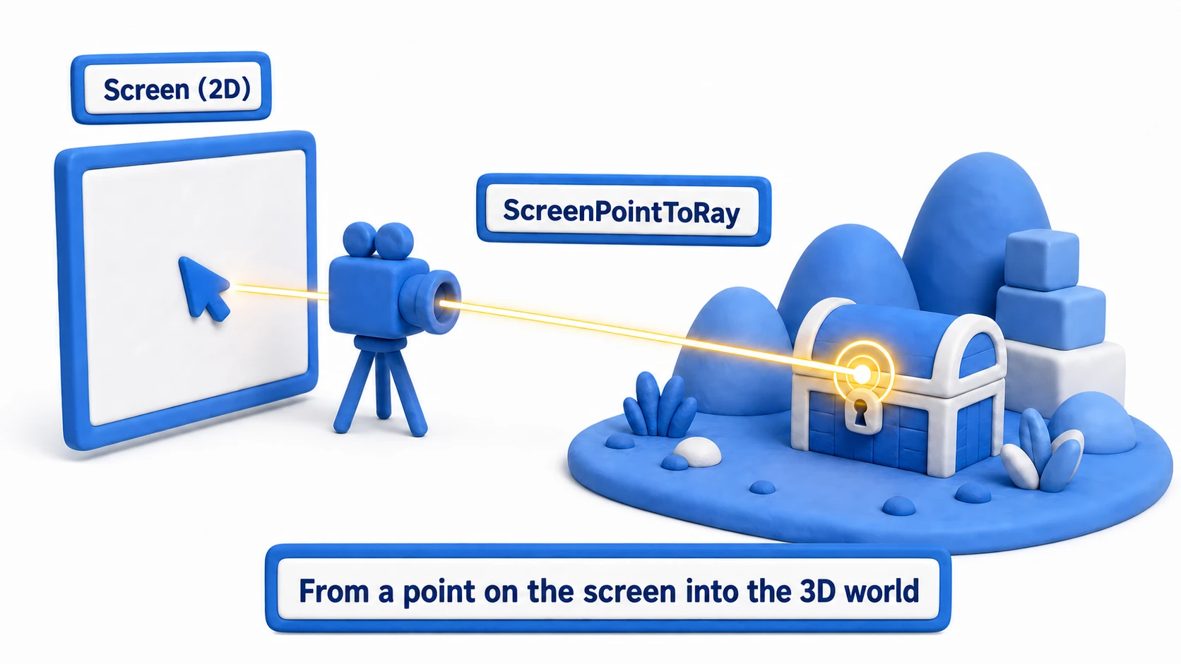Diagram of ScreenPointToRay: from the mouse cursor's position on the screen, a Ray extends through the camera into 3D space and hits the treasure chest that was clicked