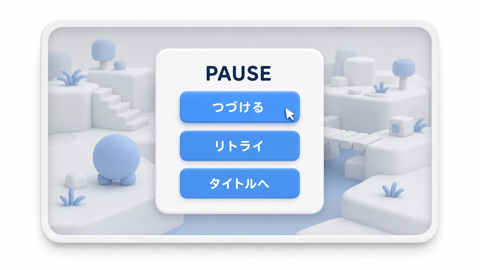 ポーズメニューの完成図。ゲーム画面の上に半透明の暗いパネルが重なり、中央に「つづける」「リトライ」「タイトルへ」の3つのボタンが縦に並んでいる
