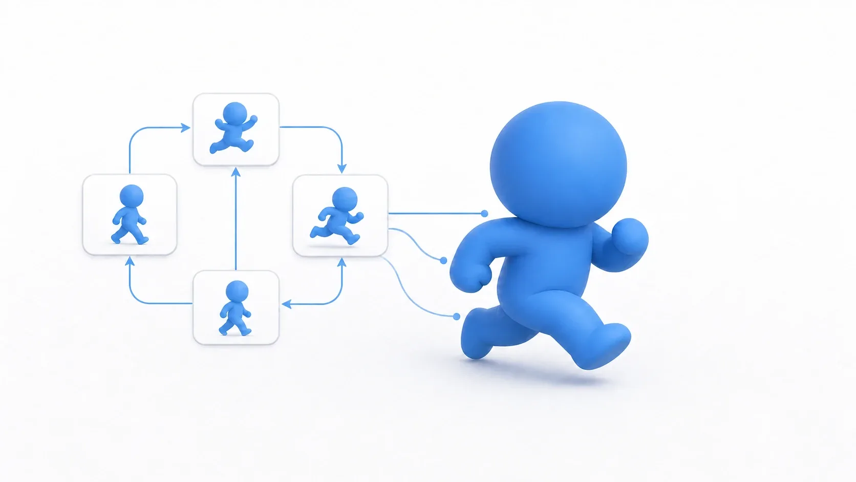 A conceptual diagram of a running character whose motion is controlled by a state graph connecting idle, walk, run, and jump