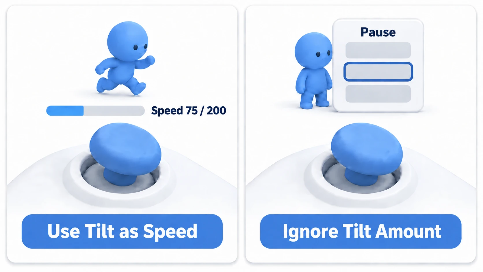 Using how far the stick is tilted as speed when walking, while the pause screen doesn't read the amount and moves the highlight one item at a time