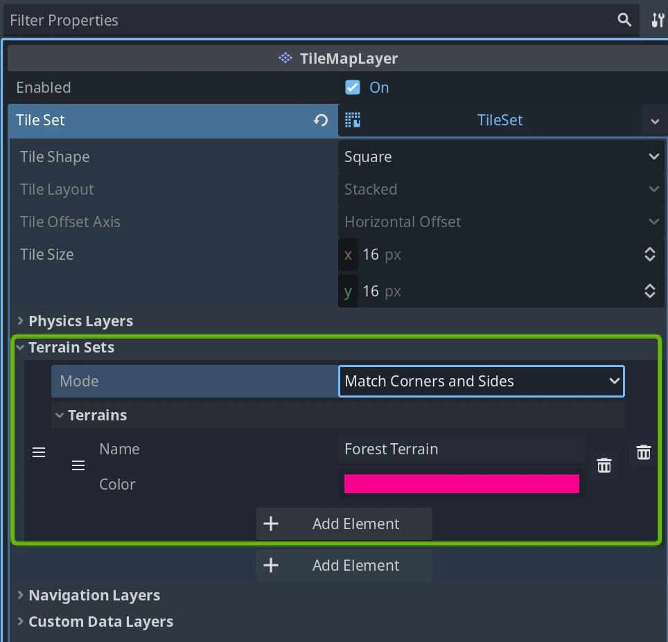 TileMapLayerインスペクタのTerrain Sets。ModeをMatch Corners and Sidesに設定し、Terrainsに名前Forest Terrain・色つきで地形を1つ追加している