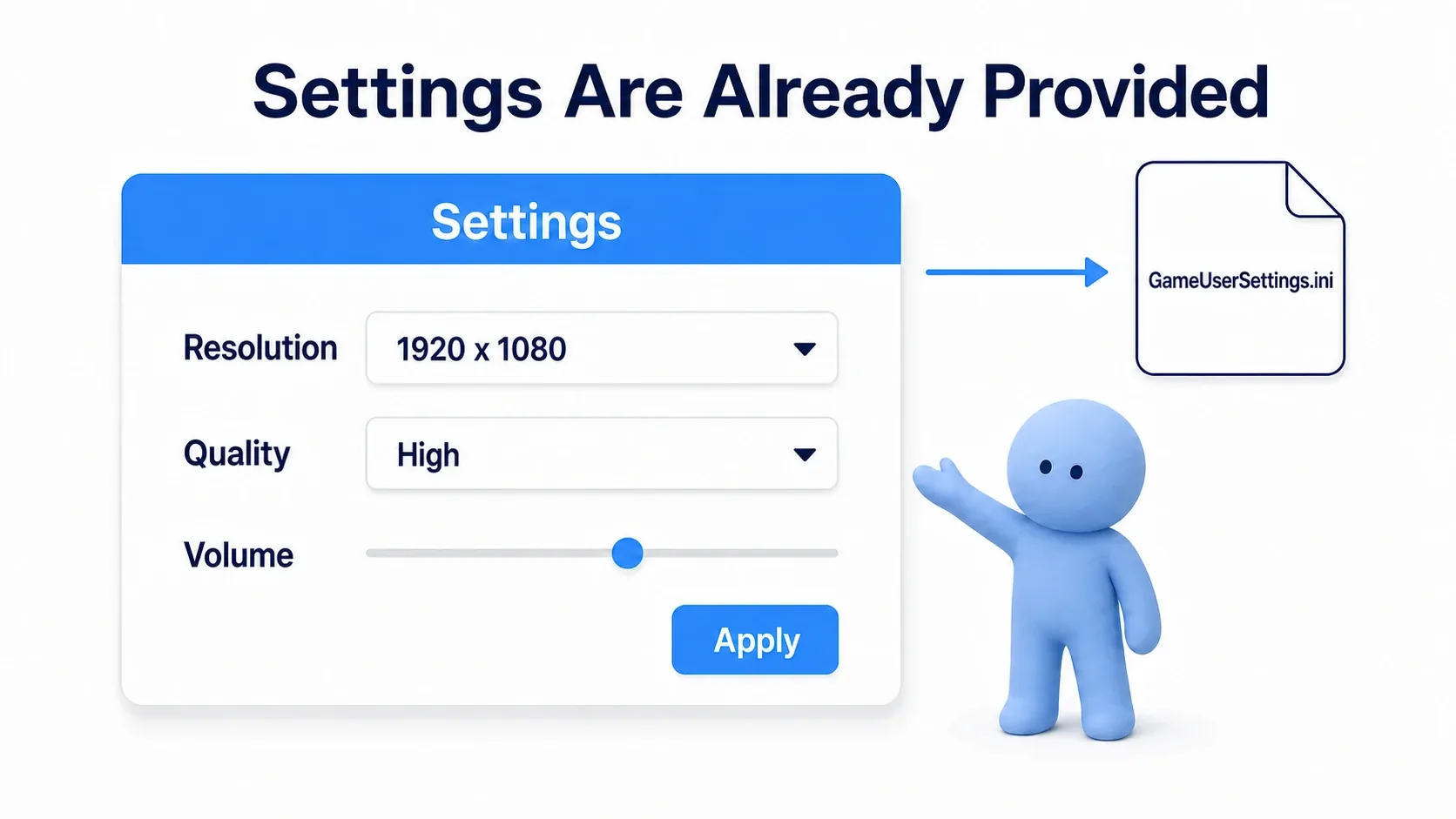 A settings screen with resolution, quality, and volume, alongside the Game User Settings object receiving those values