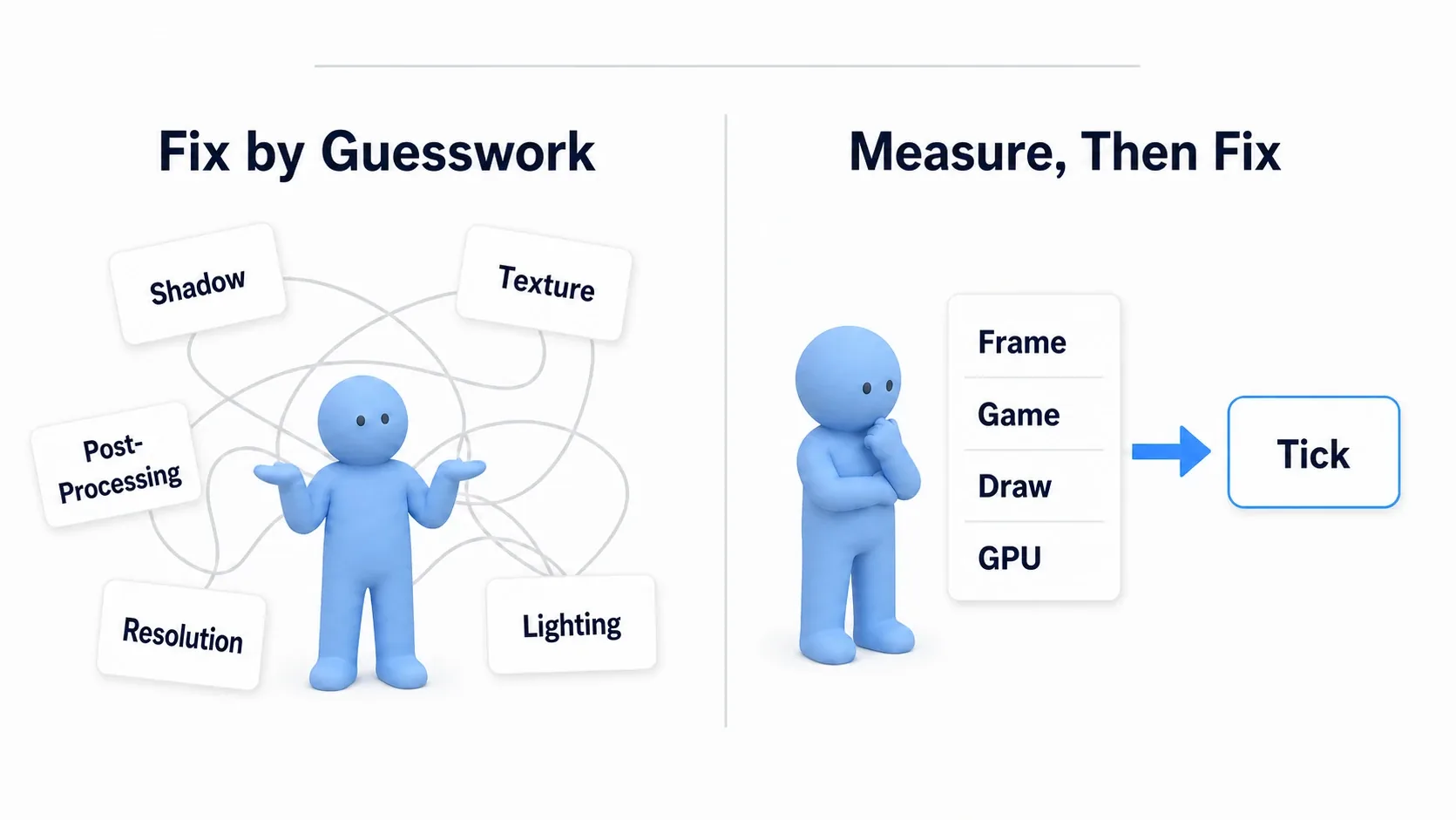 A contrast between a figure guessing and changing settings at random and a figure looking at a measurement panel and fixing exactly one thing