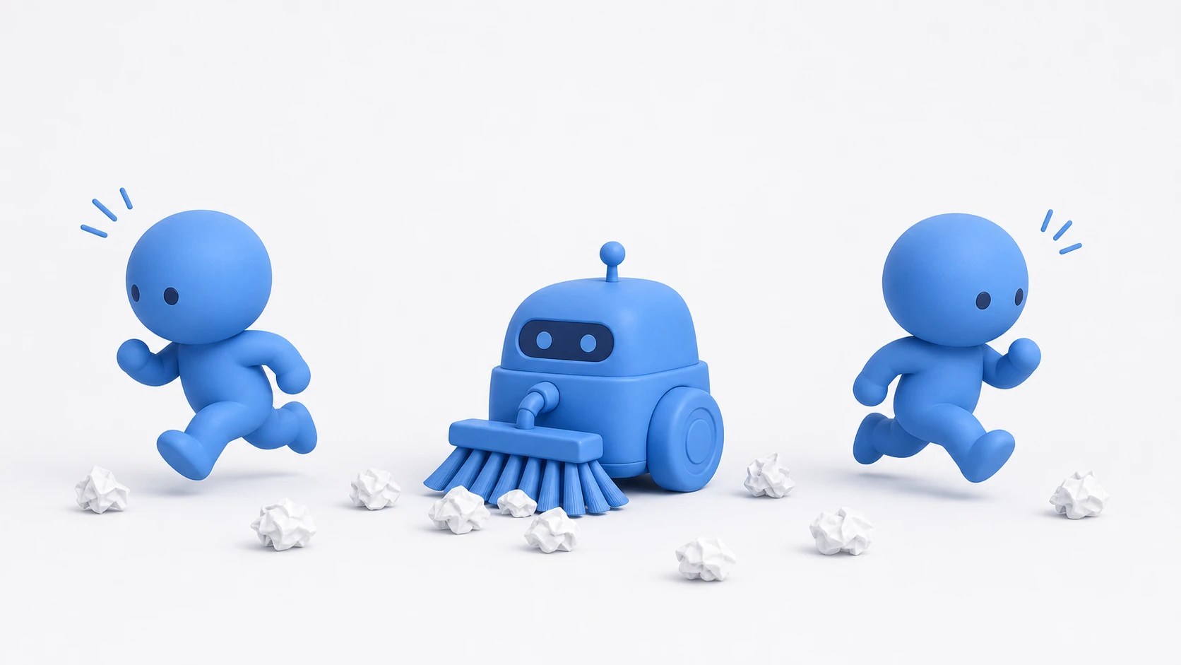 GCのイメージ。青い粘土の掃除ロボットが散らかったゴミを片付けている間、走っていたキャラクターたちが台座の上で動きを止めてフリーズしている