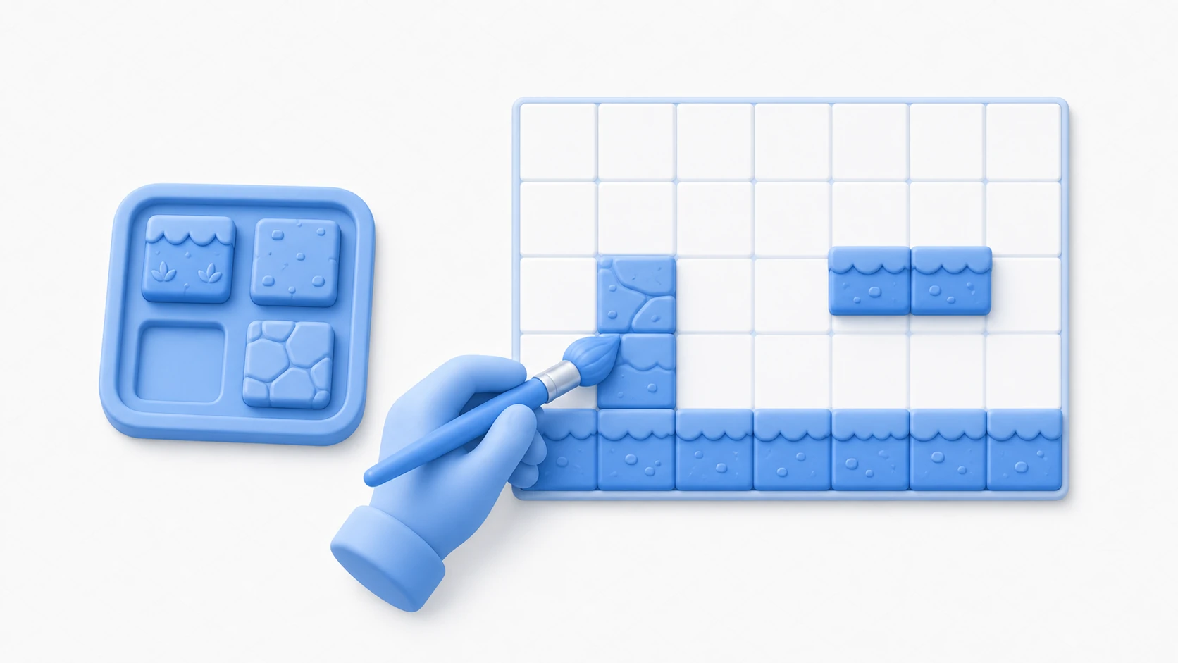 Tilemapのイメージ。パレットから選んだ小さなタイルを、筆で格子状に敷き詰めて、地面や壁のある2Dステージを組み立てていく