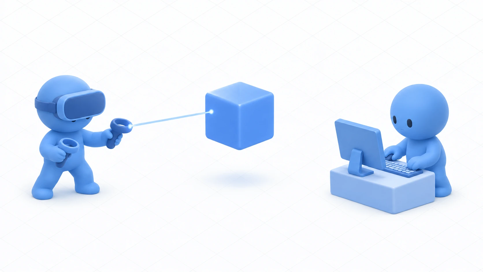 VRのコントローラとデスクトップの操作、どちらも同じCubeを操作できる