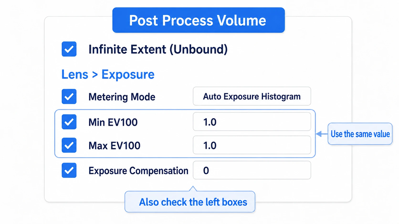 Setting a Post Process Volume to Unbound, ticking the overrides, and matching Min EV100 and Max EV100 at 1.0