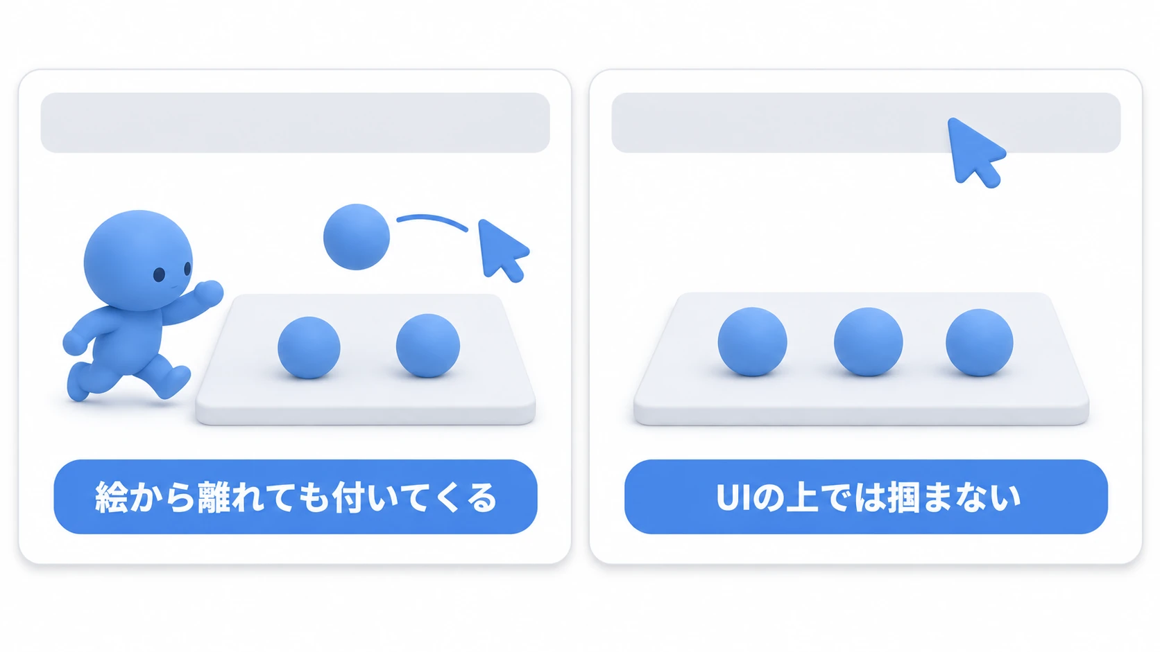 盤の駒は絵から離れたカーソルにも付いてきて、上端のUIパネルの上では新しく掴まれないイメージ