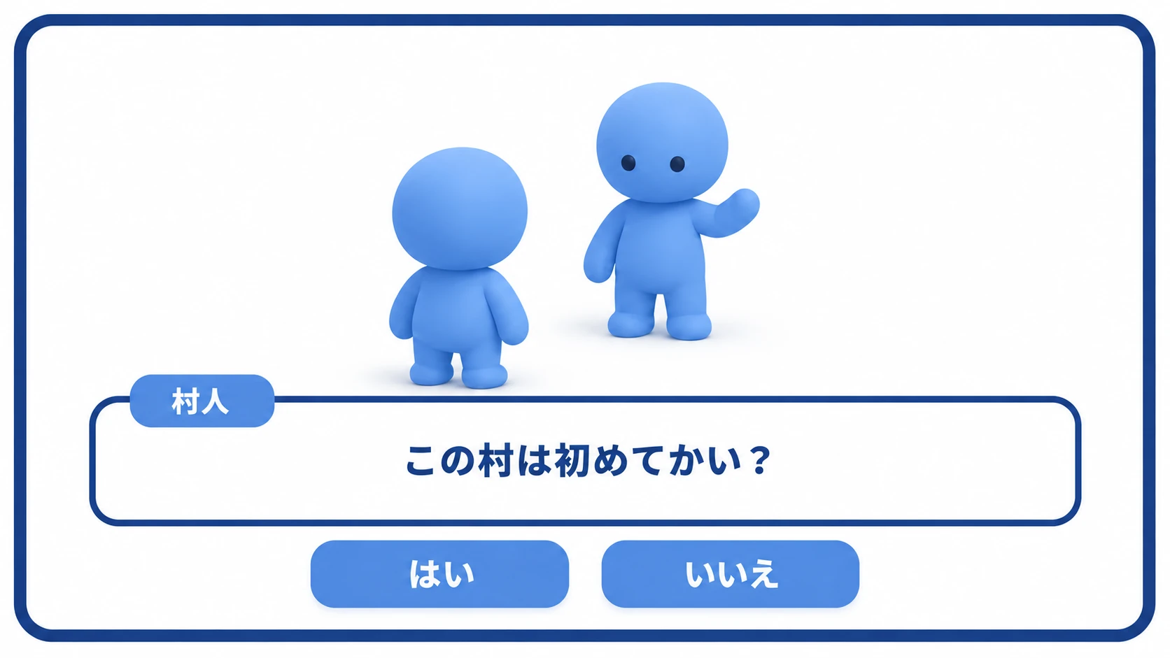 実践の完成イメージ。村人に話しかけると会話ウィンドウが開き、セリフが表示される。「はい／いいえ」の選択肢が出て、選んだ方で次のセリフが変わる完成した会話シーンを示す