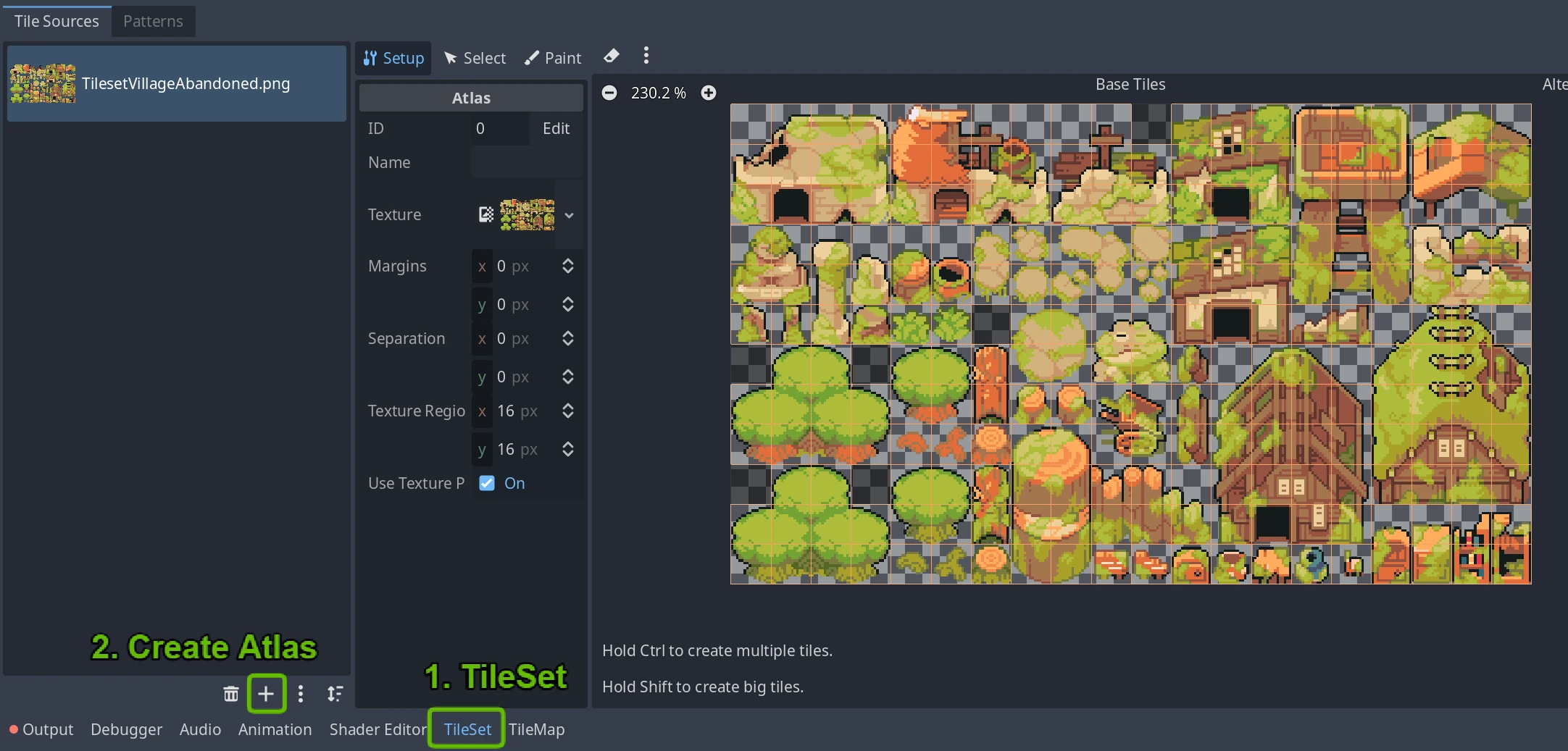 TileSetエディタ。左下の+でアトラスを作成し、タイルセット画像を登録。Setupモードでタイルサイズを16pxに設定している