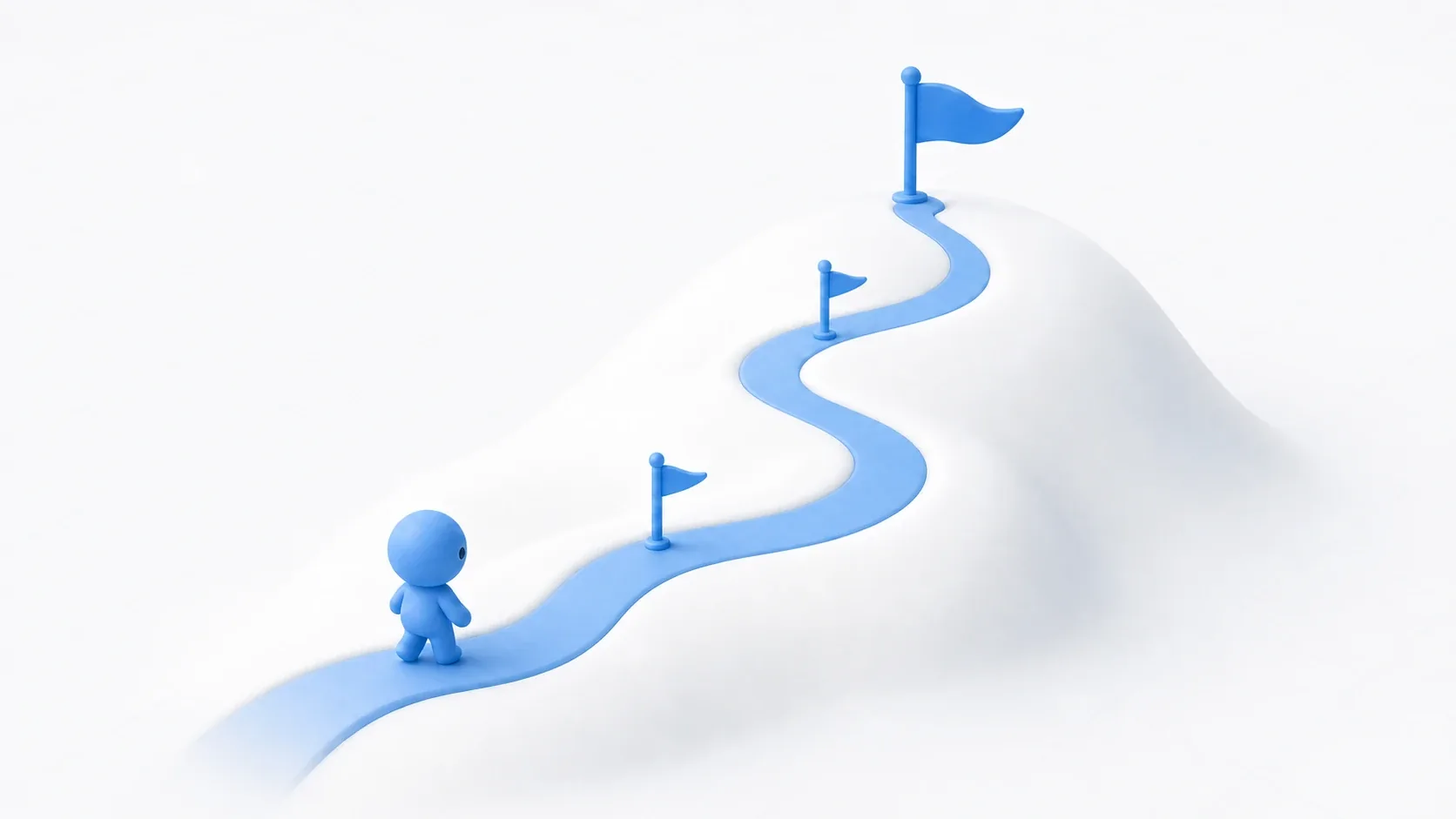 A single path climbing a hill with checkpoint flags, and a blue figure starting to walk it. An image of a learning roadmap